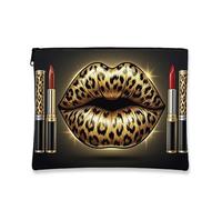 Glamorous Leopard Print Makeup Bag, Chic Black Cosmetic Pouch for Women, Stylish Zipper Travel Organizer, Evening Skincare Toiletry Bag, Black, 7x9 Inch, Lipstick