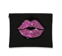 Glamorous Makeup Bag, Glittery Lips Cosmetic Travel Pouch for Women, Portable Small Canvas Zipper Organizer, for Festivals, Black, 7x9 Inch, Lips