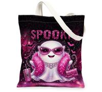Glamorous Peach Ghost Quote Halloween Canvas Tote Bag 13x15 Inch, Pink
