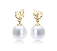 Glamorous Pearl Drop Earrings with Rich White Freshwater Drop Pearls set in Stunning 9K Yellow Gold. These Dangling Gold Pearl Earrings are a Lovely Gift for Women.