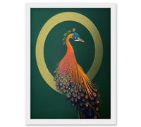 Glamorous Stylish Chic Modern Peacock Illustration Green Gold Orange Artwork Framed Wall Art Print A4 Artery8 White One Size