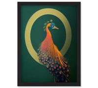 Glamorous Stylish Chic Modern Peacock Illustration Green Gold Orange Artwork Framed Wall Art Print A4 Artery8 Black One Size
