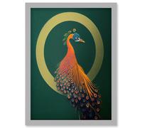 Glamorous Stylish Chic Modern Peacock Illustration Green Gold Orange Artwork Framed Wall Art Print A4 Artery8 Light Grey One Size