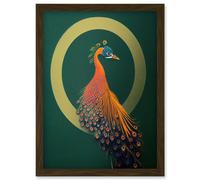 Glamorous Stylish Chic Modern Peacock Illustration Green Gold Orange Artwork Framed Wall Art Print A4 Artery8 Brown One Size