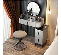 Glamorous White Vanity Table Set with Smart Touch Round Mirror, Glass Top, 5 Drawers & Upholstered Stool, Elegant Makeup Desk for Home Beauty Room
