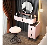 Glamorous White Vanity Table Set with Smart Touch Round Mirror, Glass Top Makeup Desk, 5 Drawers & Upholstered Stool - Elegant Beauty Furniture for Home