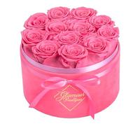 GLAMOUR BOUTIQUE Forever Flower Gift Box: 12 Real Preserved Roses in Round Velvet White Box, Handmade, Rose Petals, Birthday, Marriage,Anniversary, Graduation - Velvet Pink