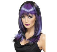Glamour Witch Wig Adults Halloween Witches Wig Black & Purple Fancy Dress