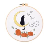 GlamourYard Hand Embroidery Stamped Starters with Pattern Halloween Cat Moon Pumpkin with Hoops Cloth Color Threads Cross Stitch Needlework Students Crafts for Women(#1)