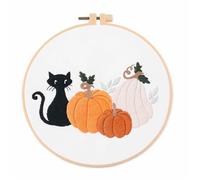 GlamourYard Hand Embroidery Stamped Starters with Pattern Halloween Cat Moon Pumpkin with Hoops Cloth Color Threads Cross Stitch Needlework Students Crafts for Women(#2)