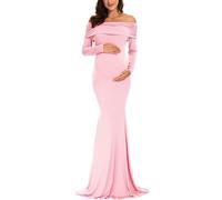 Glampunch Off Shoulders Maternity Dress Long Sleeve Ruched Maternity Gown Baby Shower Photography Pregnant Dress, Pink., M