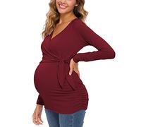 Glampunch Women's Maternity Shirts Long Sleeve V-Neck Comformation Cute Maternity Tops - Red - Medium