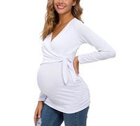 Glampunch Women's Maternity Shirts Long Sleeve V-Neck Comformation Cute Maternity Tops - White - Large