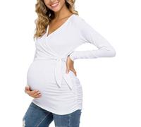 Glampunch Women's Maternity Shirts Long Sleeve V-Neck Comformation Cute Maternity Tops - White - Medium