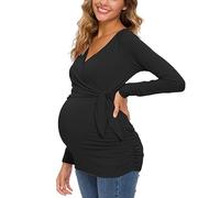 Glampunch Women's Maternity Shirts Short & Long Sleeve Tie Front Wrap Maternity Tops, 03-Black, L