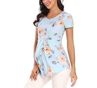 Glampunch Women's Maternity Tops Short&3/4 Sleeve Round Neck Front Pleat Peplum Tunic Top Pregnancy Shirts, A7 Flower80, Large