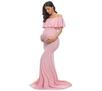 Glampunch Womens Off Shoulder Maternity Dress Ruffles Elegant Slim Gowns Fit Maxi Photography Dress, A-pink, S