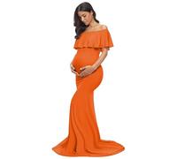 Glampunch Womens Off Shoulder Maternity Dress Ruffles Elegant Slim Gowns Fit Maxi Photography Dress, Orange, L