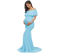 Glampunch Womens Off Shoulder Maternity Dress Ruffles Elegant Slim Gowns Fit Maxi Photography Dress, Sky Blue, M