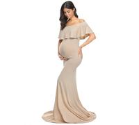 Glampunch Womens Off Shoulder Maternity Dress Ruffles Elegant Slim Gowns Fit Maxi Photography Dress, Beige, L