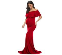 Glampunch Womens Off Shoulder Maternity Dress Ruffles Elegant Slim Gowns Fit Maxi Photography Dress, Red, XL