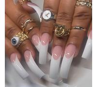 GlamRays 20 Pieces XXL Long Curved Press On Nails French Tip White Glossy Artificial Nails Square Reusable For Women