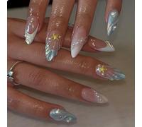 GlamRays 24 pcs Almond Press on Nails Medium False Nails Blue White French Lace False Nails With 3D Shells Star Designs White Ombré Nail Press ons Shiny