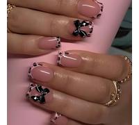 GlamRays 24 PCS Bow Press On Nails, Short Square Acrylic False Nails with Black Leopard Print Design, Glossy Finish, Full Cover, Artificial Nails