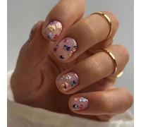 GlamRays 24 Pcs Flower Stickers Nails Short Square False Nails Nude Fake Nails with Small Flower Designs Glossy Adhesive Nail Acrylic