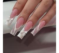 GlamRays 24 Pcs French Tip Press On Nails, Long Square False Nails, Shiny Coffin Artificial Nails with Bow and Rhinestones, White French Tip with Pearl Designs, Acrylic Nails