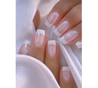 GlamRays 24 Pcs Press On Nails Medium Square Set Simple White French Tip Style Glitter Fake Nails Sweet Pink False Nails, Fake Nails for Women and Girls