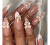 GlamRays 24 Piece French Tip Press on Nails Medium Sized Cute Fake Almond Stick on Nails with Pink Bow Decorations Glossy Nude Full Cover Art