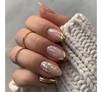 GlamRays 24 Piece Gold French Tip Press-on Nails, Medium Almond Fake Nails With Broken Gold Design, Minimalist Style French Line
