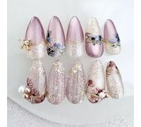 GlamRays 24-Piece Purple Flower Sticker Nails, Medium Almond False Nails with Pearls, White Fine Sand Design, Gold Bow Rhinestones