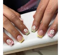 GlamRays 24 Piece Sticker Nails Short Square French Tip False Nails 3D Water Drop Fake Nails with Floral Designs