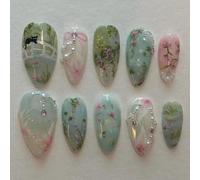 GlamRays 24 Pieces Almond Press on Nails, Medium Blue Green Fake Nails, Bow, Glue Nails, Cute Cat Flower Design, Acrylic Nails, Stiletto Handmade, Full Cover
