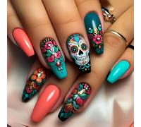 GlamRays 24 Pieces Death's Head Artificial Nails Medium Square Colorful False Nails With Flower Design Stick-On Shiny Acrylic Full Cover Reusable For Women