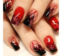 GlamRays 24 Pieces Flame Press on Nails Short Square Red False Nails With Glitter Design Black Flames False Nails Full Cover Glue Nail