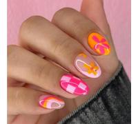GlamRays 24 Pieces Flower Press-on nails, Oval French Short False Nail, Checkerboard Fake nail with Jelly Adhesive, Cute Acrylic nail for Women and Girls