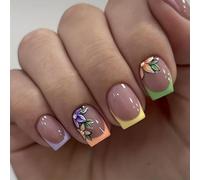 GlamRays 24 Pieces French Short Square False Nails with Sweet Floral Designs Acrylic Gloss Finish - Spring Colour Set for Women's Manicure