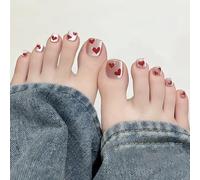 GlamRays 24 Pieces French Tip Press On Toenails with Red Heart French Acrylic Short Square Fake Toenails Gel Adhesive Full Nails