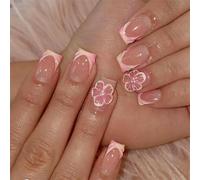 GlamRays 24 Pieces French Tip Stick-on Nails Square Short Fake Nails Full Cover Cherry Blossom Nails with Pearl Design