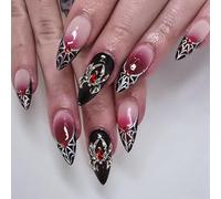 GlamRays 24 Pieces Halloween Almond Shape Press On Nails Day of the Dead Gradient Spider Web 3D Design Full Cover Reusable For Women