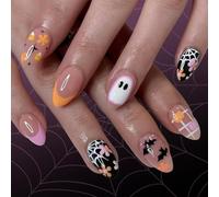 GlamRays 24 Pieces Halloween Medium Almond Press On Nails Colorful French Tip Flowers Bat Spider Web Cute Ghost Gradient Full Cover Reusable For Women