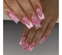 GlamRays 24 Pieces Pink Press on Nails Medium Square 3D White French False Nails Press ons Autumn Winter Nail Art Tips Full Cover Acrylic Nails