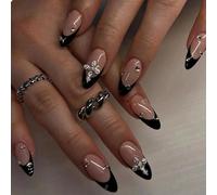 GlamRays 24 Pieces Press On Nails Almond 3D Alloy Cross Design Black French Tip Medium With Swarovski Design Perfect Fit Acrylic False Nail Set