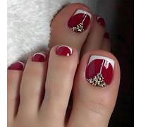 GlamRays 24 Pieces Red Stick-On Toenails French Tip False Toenails with Rhinestones Artificial Toenails Red Bling Fake Toenails