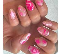 GlamRays 24 Pieces Short Almond Shaped Press-on Nails Heart Pattern Cute Star Strawberry False Nails Full Cover Adhesive Nails for Women and Girls Manicure