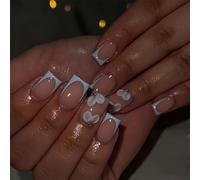 GlamRays 24 Pieces Spring Nail Stickers Short Square, Blue Floral Design False Nail Stickers Blue French Nail Tips