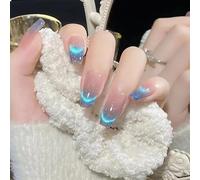 GlamRays 24pcs Blue Press On Nails Square Shape False Nails Ombre Coffin False Nails Velvet Glitter Full Size Glue Nail Shiny Nail French Tip Nails